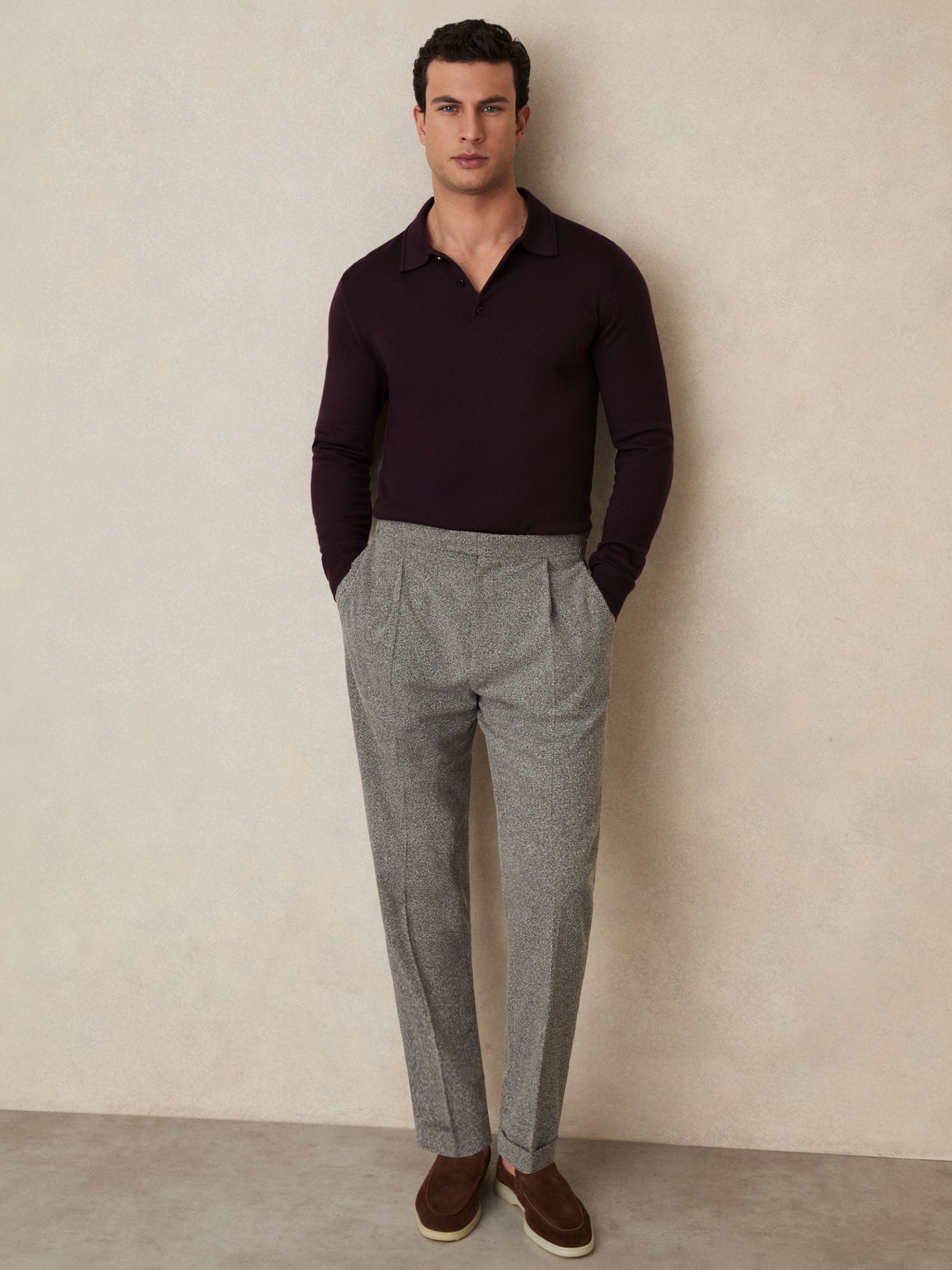 Donker Bordeaux - Reiss Trafford poloshirt met lange mouwen van merinowol