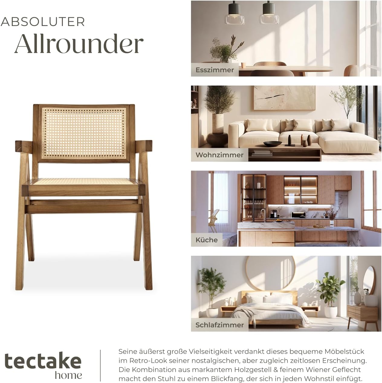 tectake® Stuhl mit Armlehne, Küchenstuhl, Armlehnstuhl, Boho Korbsessel Wiener Geflecht, Dining Chair, Stuhl Esszimmer, Sessel Wohnzimmer, Holzstuhl, Sitzecke Küche - Eiche hell mit Armlehne, 1 Stuhl