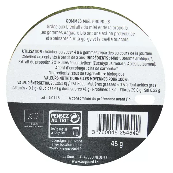 Gomas de Mel de Própolis Orgânica Aagaard 45g