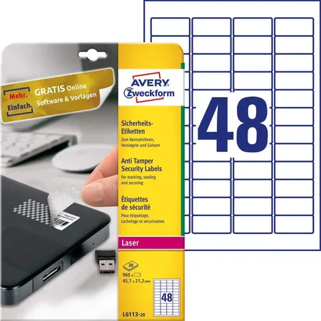 Avery Zweckform L6113-20 Sicherheits-Etiketten, 45,7 x 21,2 mm, 20 Bogen/960 Etiketten, weiß