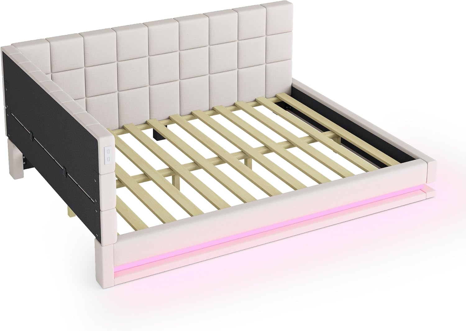okwish Schlafsofa Daybett 140x200cm mit Lattenrost und LED Lichtleiste, Tagesbett Polsterbett mit USB Steckdose, Kinderbett Jugendbett (Ohne Matratze)- Beige