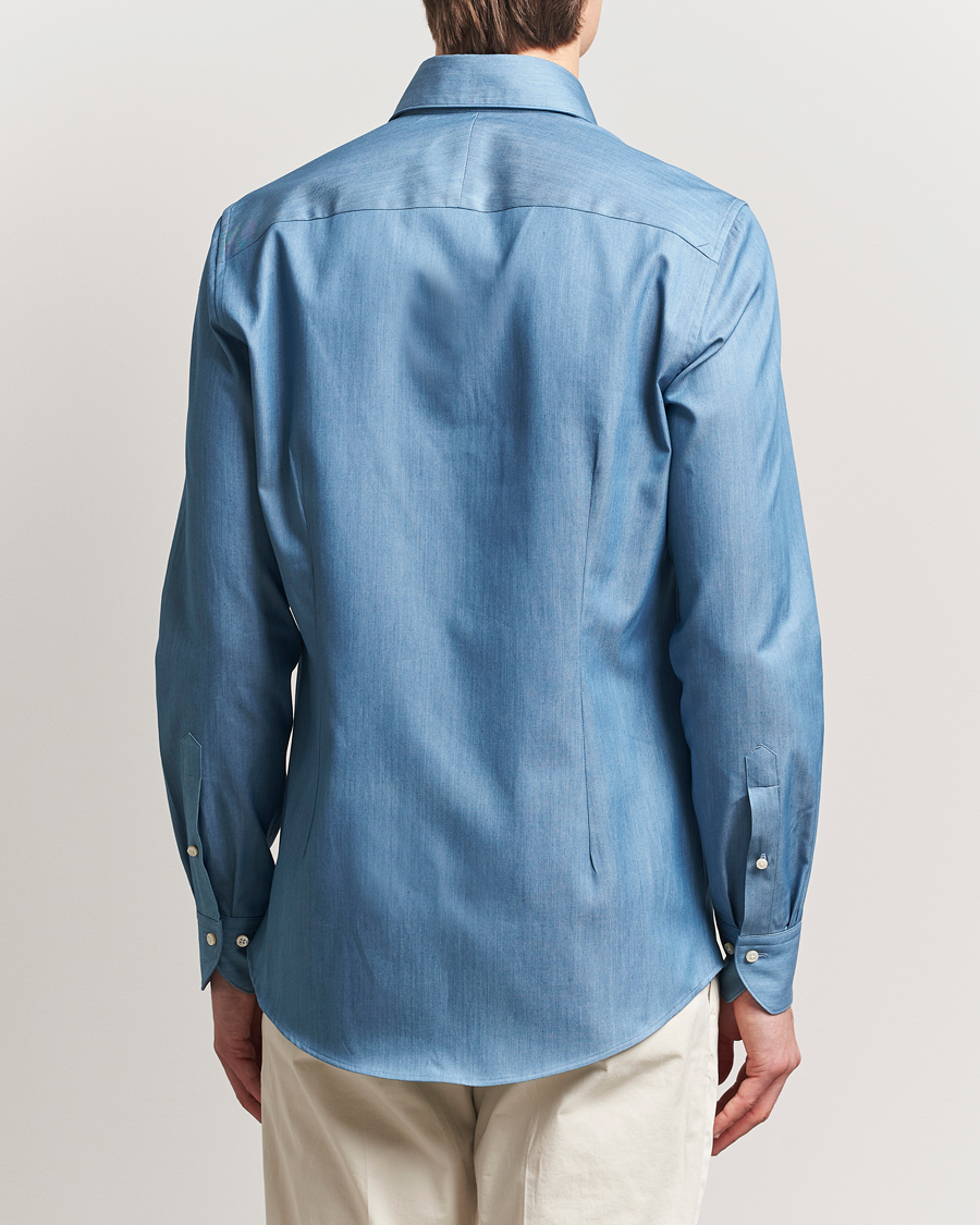 Stenströms 1899 Slim One Piece Collar Cotton Denim Shirt Mid Blue