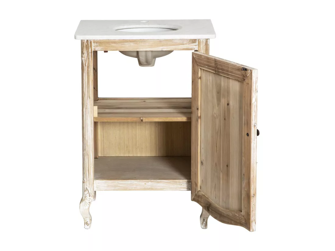 Meuble sous vasque en pin recyclé blanchi et marbre blanc Gemma