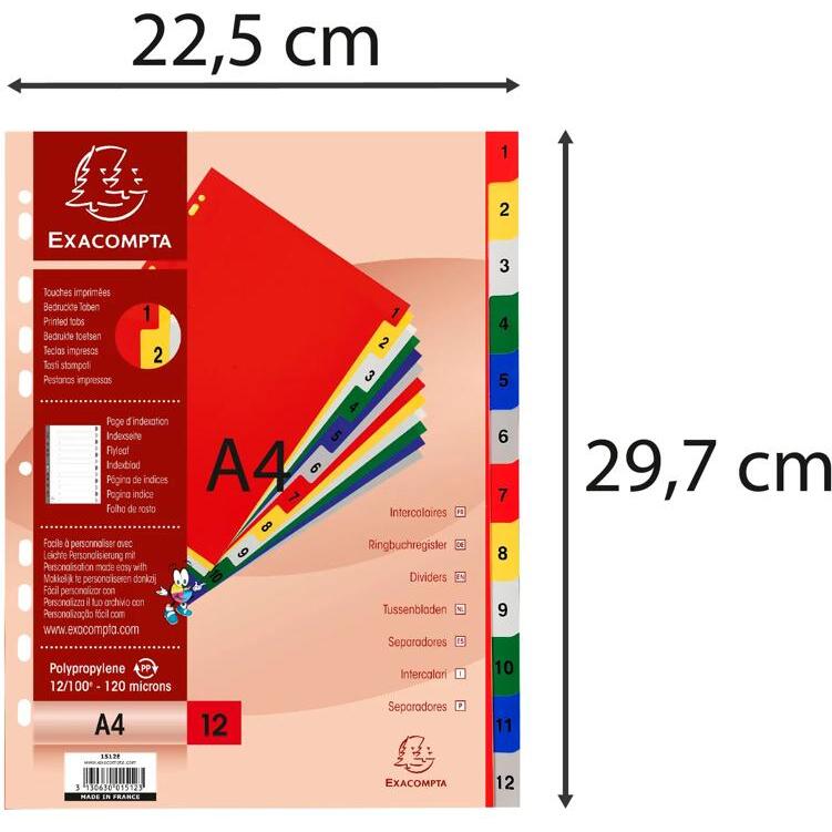 Intercalaires imprimés numériques polypropylène 12/100e - 12 positions - A4 - Assorties vives