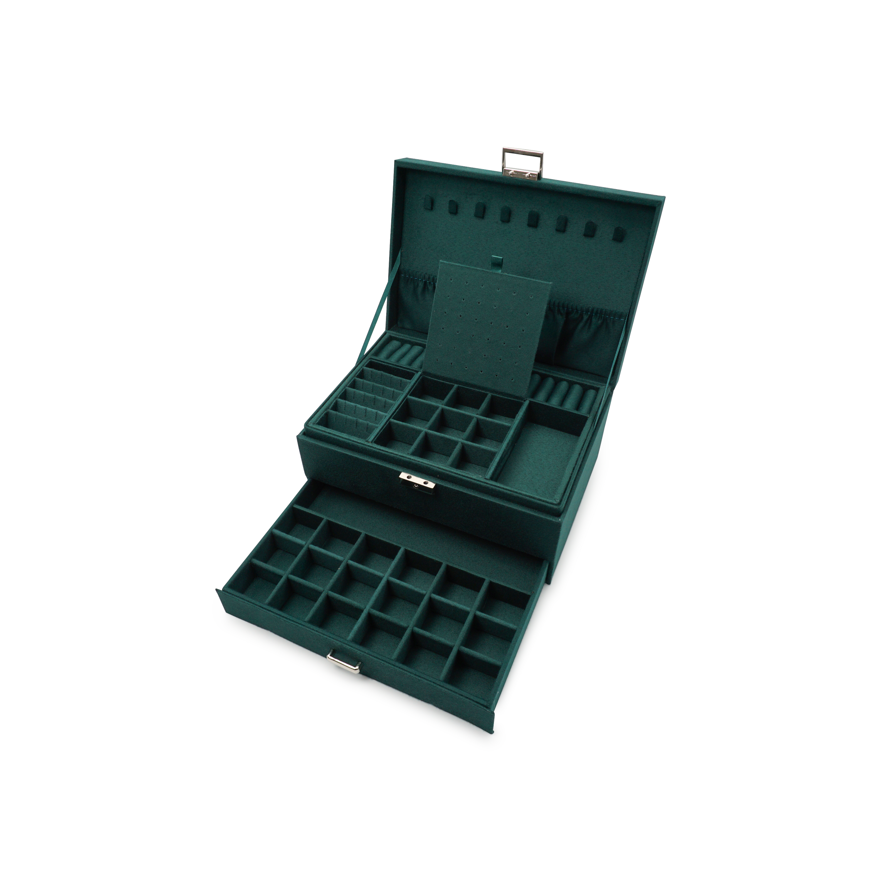 Flanell Schmuckschatulle mit Schloss Aufbewahrungsbox Organizer für Ringe / Halskette / Ohrringe / Armbänder - Dunkelgrün