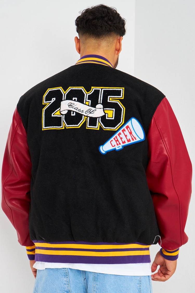Bomber épais noir à manches simili cuir bordeaux