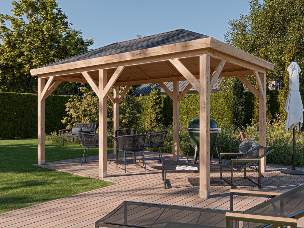 Pavillon Gartenlaube | BxTxH: 490 x 290 x 290 cm | Sockelmaß BxT: 470 x 270 cm | Pfostenstärke: 11,5 x 11,5 cm | Douglasie-Holz | Walmdach