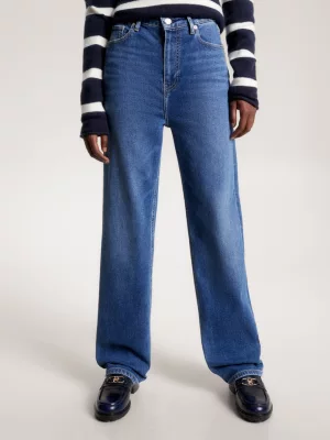 Calça jeans reta de cintura alta e modelagem relaxada