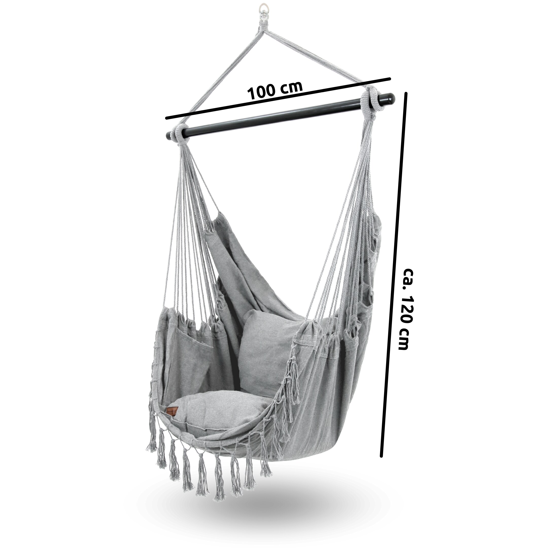 deluxe4home® Hängesessel mit 2 Kissen, Bücherfach und Kuscheldecke | Hellgrau