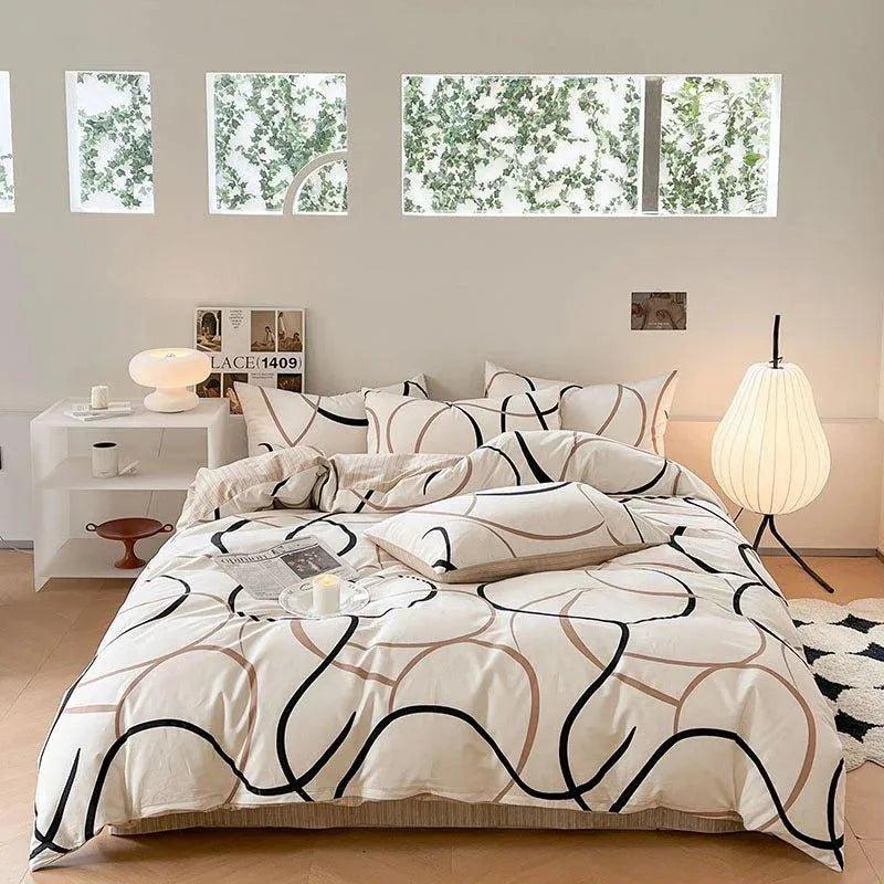 Cotton Black Beige White Line Printing Bedding Set | High Quality Quilt Bed sheet Duvet Pillow Cover