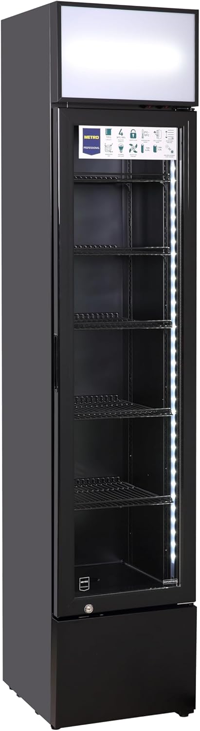 METRO Professional Getränkekühlschrank mit Glastür GSC2133B-NC, 166L, 5 verstellbaren Einlegeböden, mit Schloss, LED-Beleuchtung, Schwarz