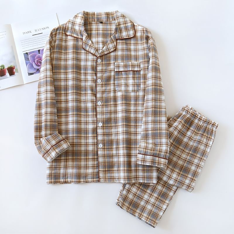 MelMount - Pyjamaset: geruite top met lange mouwen + broek