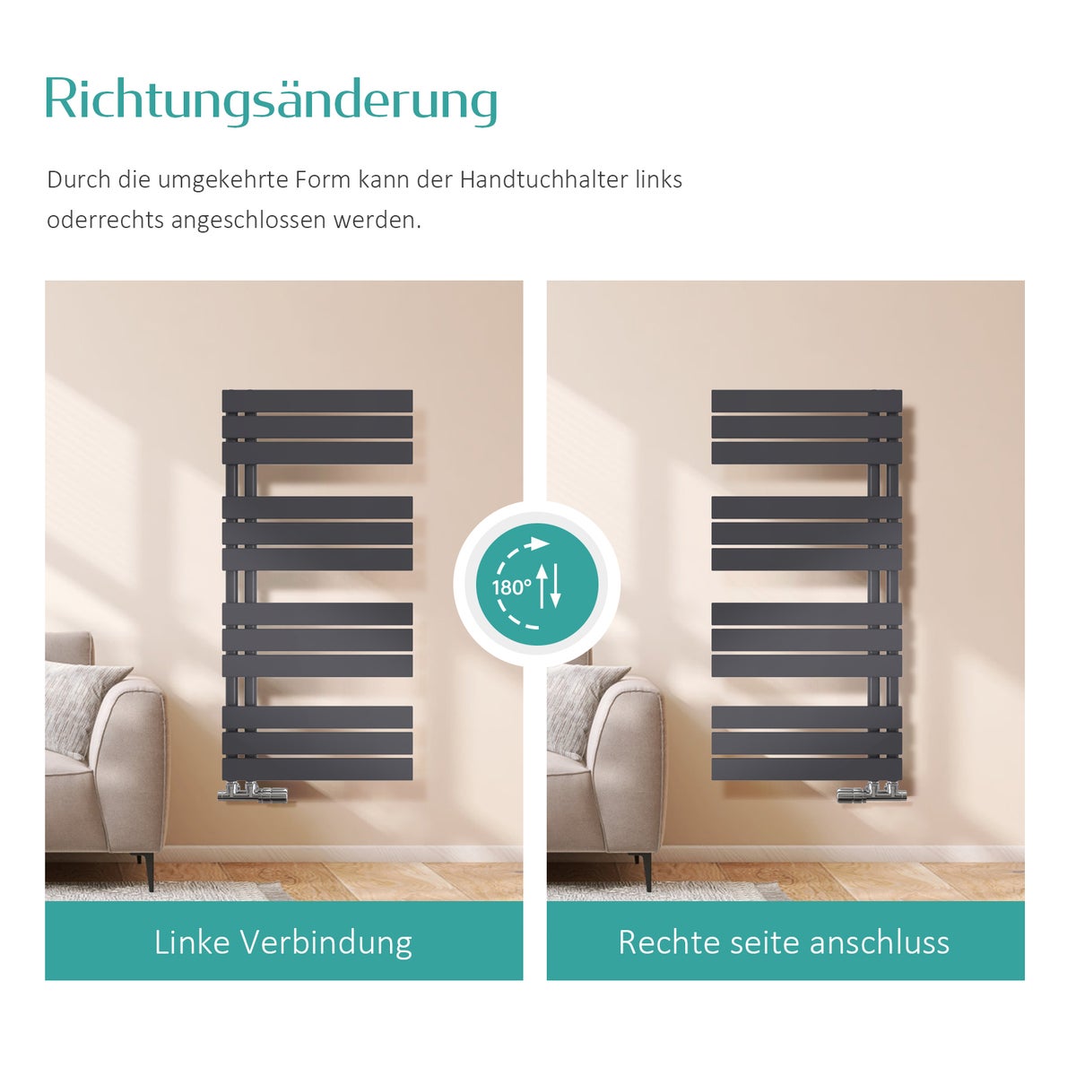 EMKE Badkamerradiator Plat 1320x400 mm Zwart Handdoekverwarmer Handdoekdroger Paneel Handdoekhouder Zijaansluiting voor Badkamer Warm Water 570W