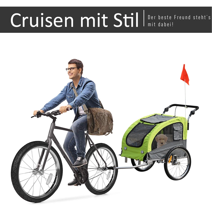 PawHut Hundeanhänger mit gepolsterter Liegefläche grün, grau