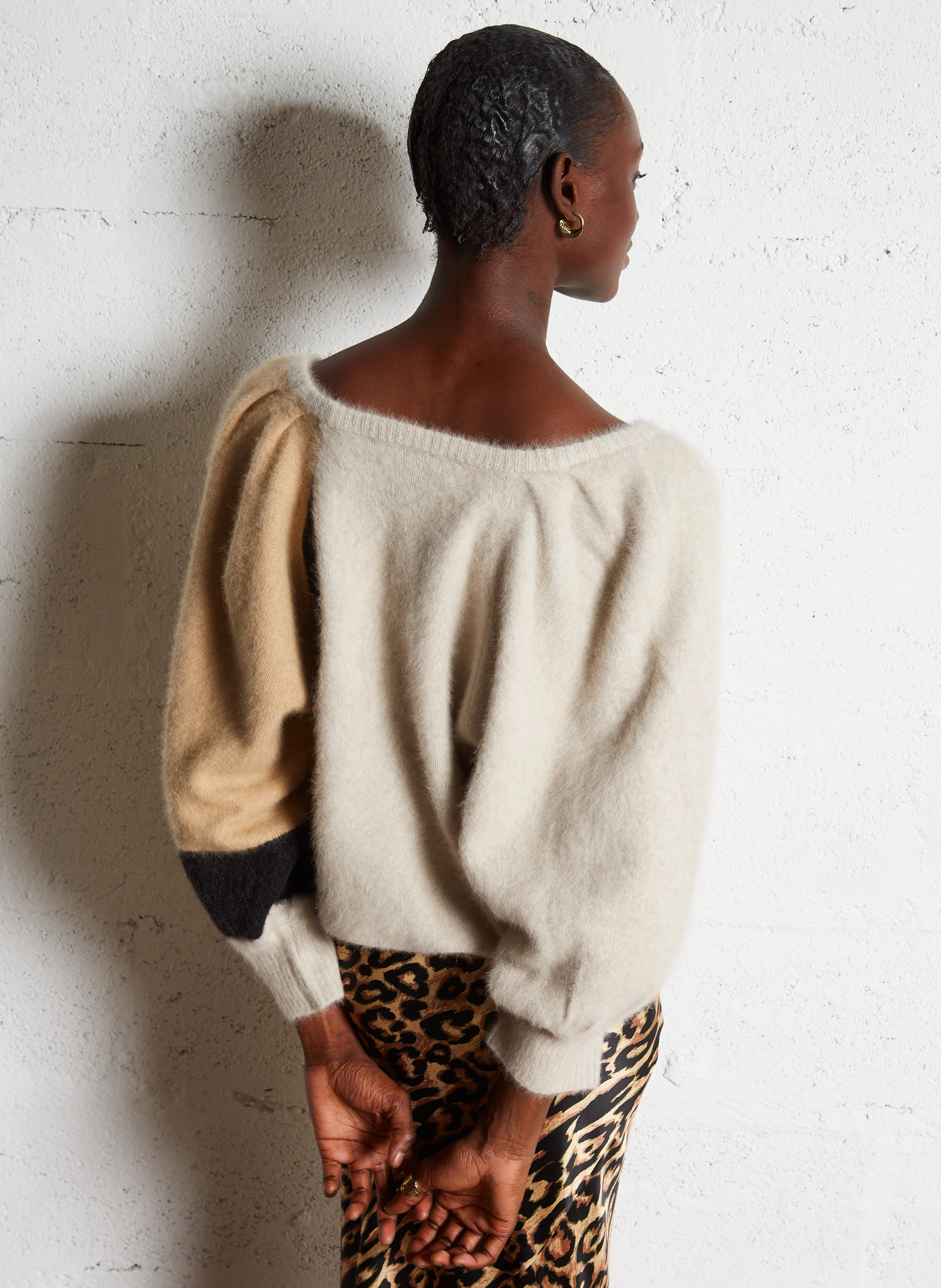 FORDEN - Pull court bateau rond jacquard en fourrure de renard mélangée | Beige