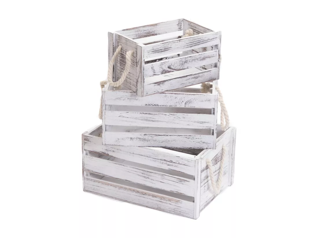 SET DE CAISSES EN BOIS Pays 3-pièces Bois massif, différentes tailles blanc