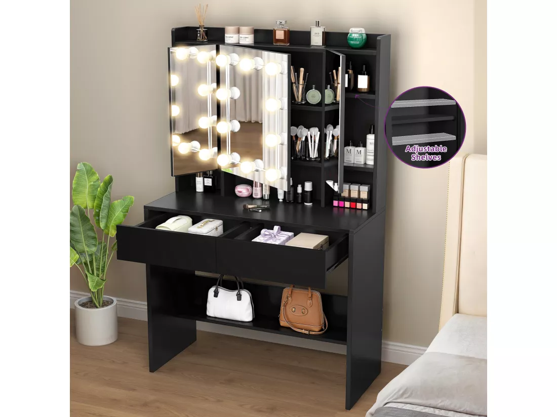 YITAHOME Coiffeuse avec Miroir - 3 Couleurs avec Luminosité Réglable - Coiffeuse avec Étagères pour Maquillage - 2 tiroirs - Noir
