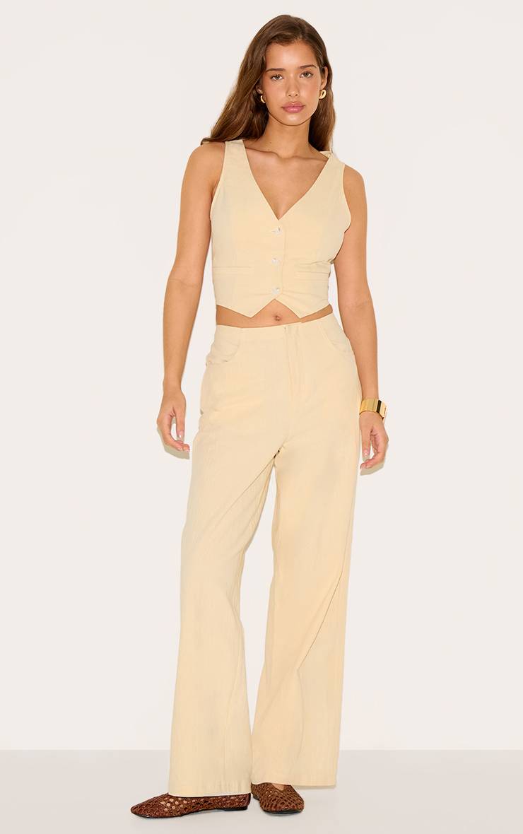 Butter Yellow Pantalon Large Taille Mi-haute Aspect Lin