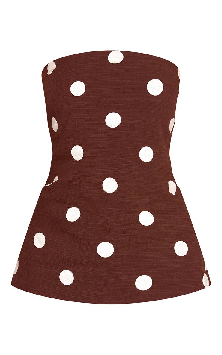 Marron Foncé Haut Bandeau Fluide En Coton À Pois