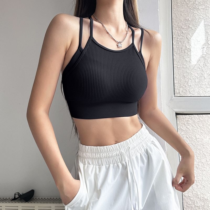 Faiar - Sport Scoop Neck Mock Two Piece Ribbed Crop Bra Top
