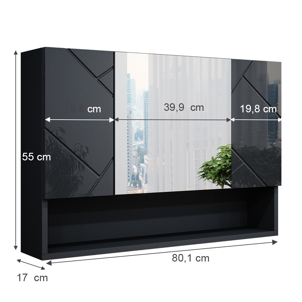 Vicco Spiegelschrank Badspiegel Wandspiegel Irma Anthrazit Hochglanz 80 cm modern Badezimmer Spiegel Badezimmerschrank Badezimmermöbel Spiegeltür Schranktür Hängeschrank Einlegeboden Regal Ablage