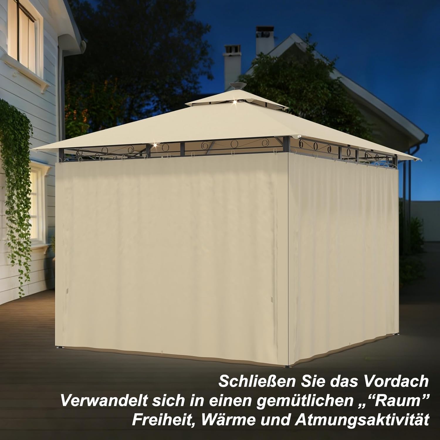 Devoko Garden Pavillon 3x3 Wasserdicht Stabil Winterfest Deluxe Gazebo, UV-Schutz 50+ Doppellagiges Grilpavillons mit seitenwänden für 4-8 Personen, Partyzelt für Freizeit, Partys, Beige mit LED