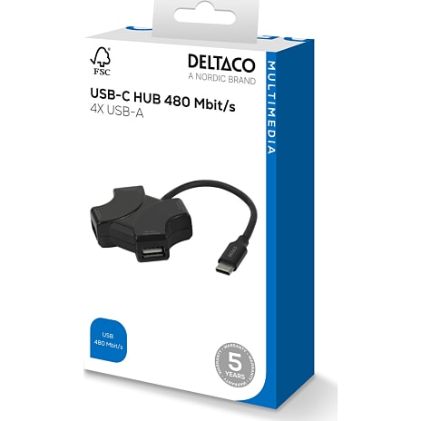 Deltaco USB-C hub 4-port - sort