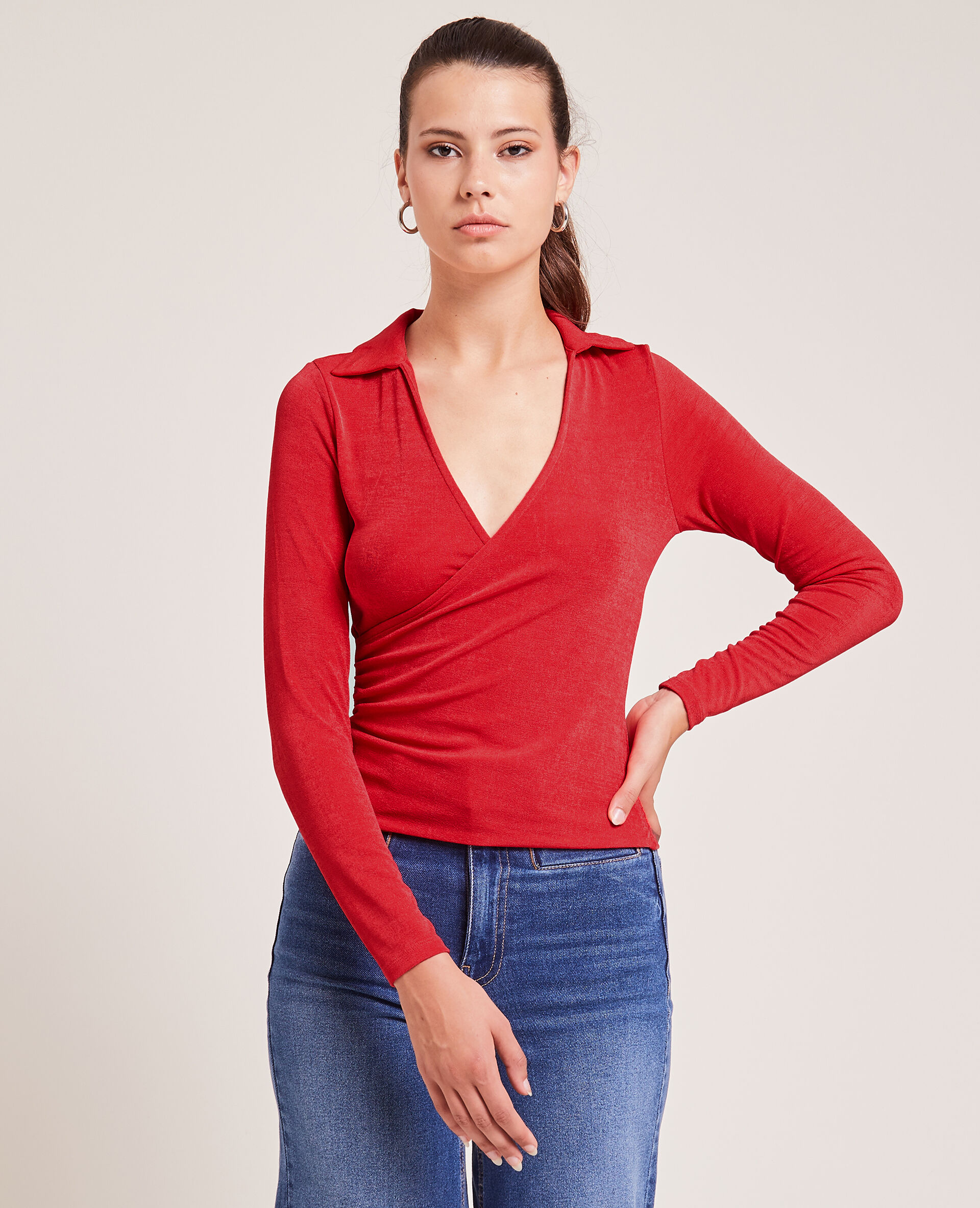Top cache-cœur en maille fluide - Rouge