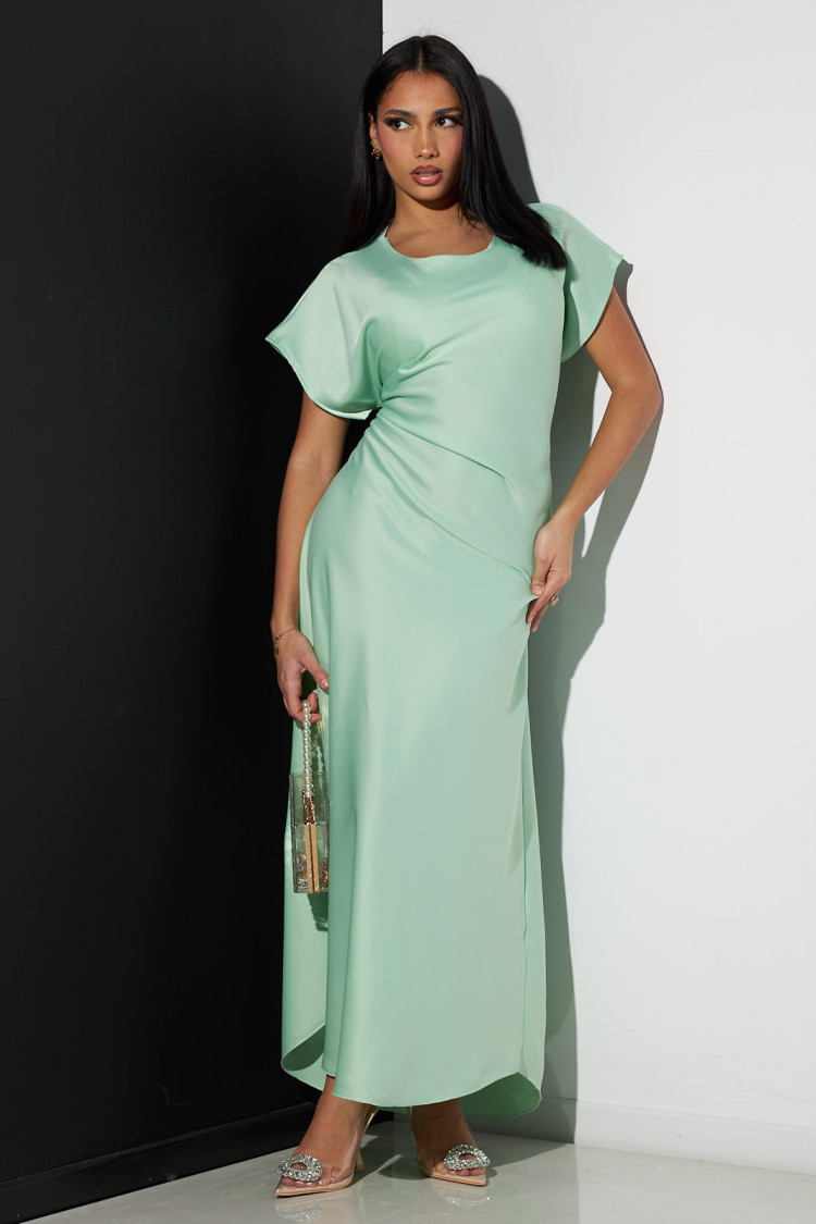 Robe turquoise satiné manches courtes à noué au dos