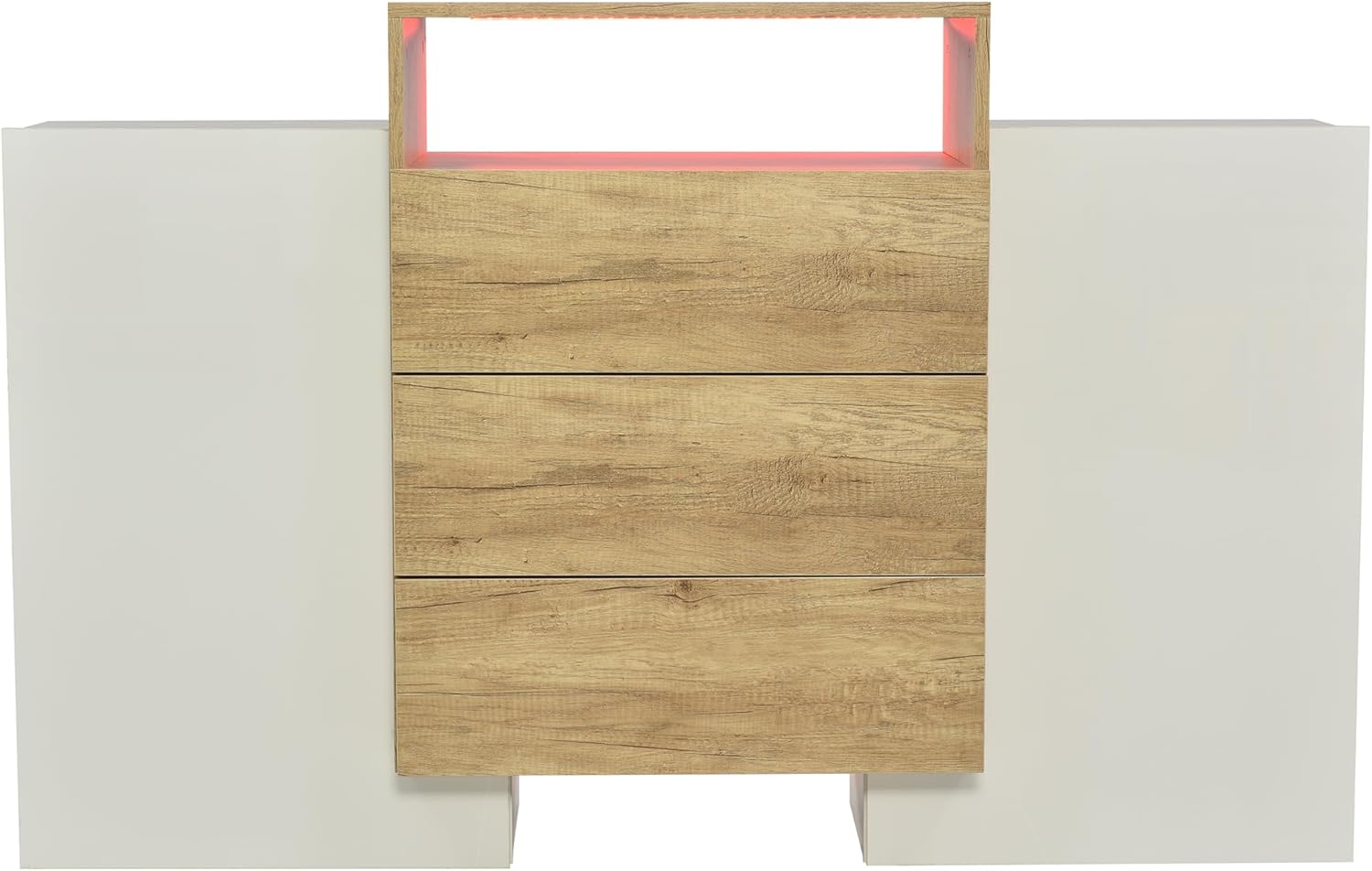 BTM Sideboard, 140 Kommode LED mit 3 Schubladen & 2 Türen, Moderne Glänzend Schrank Wohnzimmer, Hohe 140x30x90 cm, Weiss & Holz