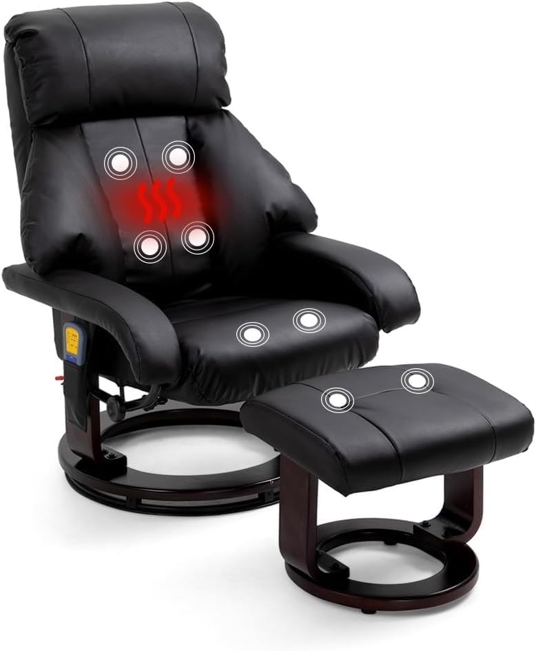 Mingone Massagesessel mit Wärmefunktion Fernsehsessel mit Hocker Relaxsessel mit Liegefunktion Elektrisch TV-Sessel für Wohnzimmer 360°Drehbar Kunstleder Schwarz