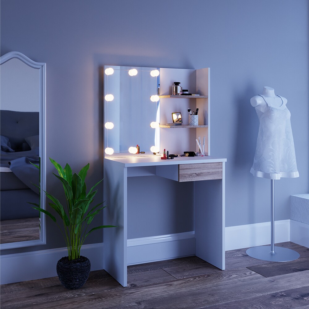 VICCO LED Schminktisch DEKOS Frisiertisch Kommode Kosmetiktisch Weiß Eiche