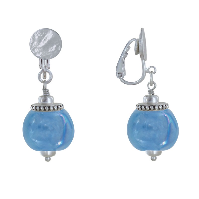 Boucles d'Oreilles Clip Métal Argenté et Grosses Perles en Céramique
