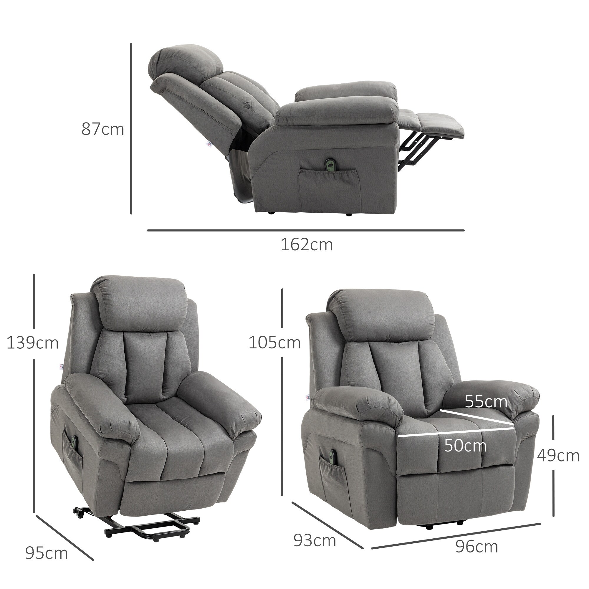 HOMCOM Relaxsessel mit fernbedienungsgesteuerter Aufstehhilfefunktion grau 93L x 96B x 105H cm