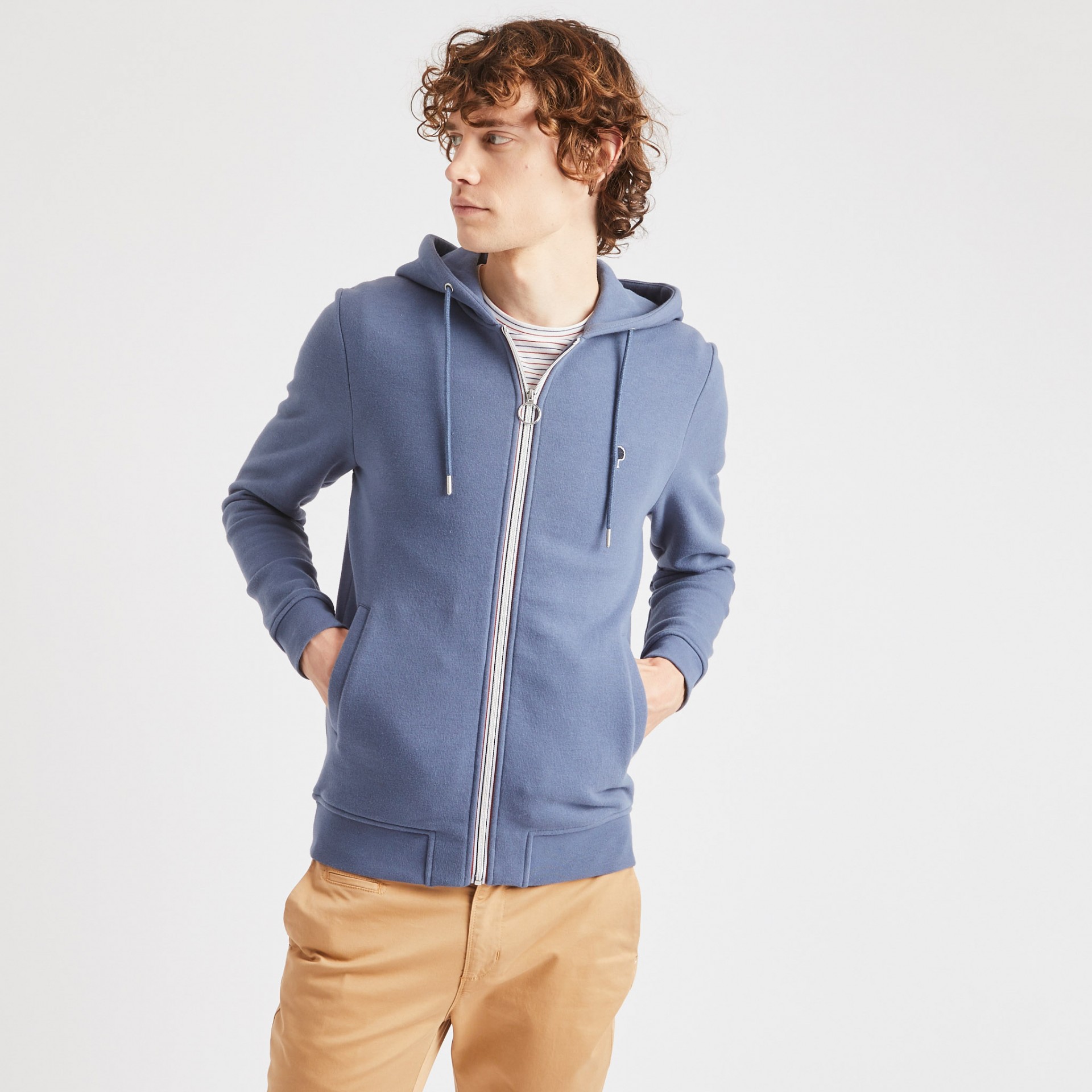 Sweat à capuche zippé bleu coton et polyester recyclé - modèle Mesnil