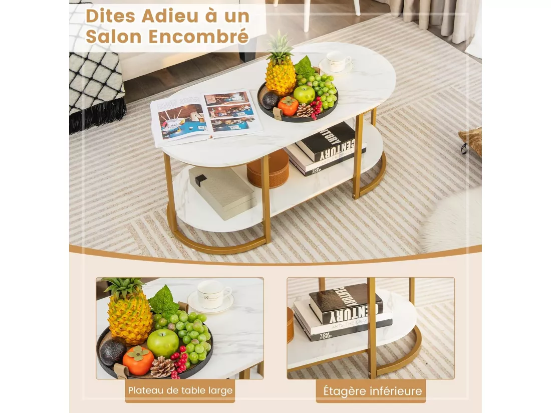 Table Basse Imprimée Marbre 2 Niveaux avec Cadre en Métal Doré, Table de Salon Scandinave avec Coussinets de Pied Réglables, 100 x 50 x 45 cm, Blanc