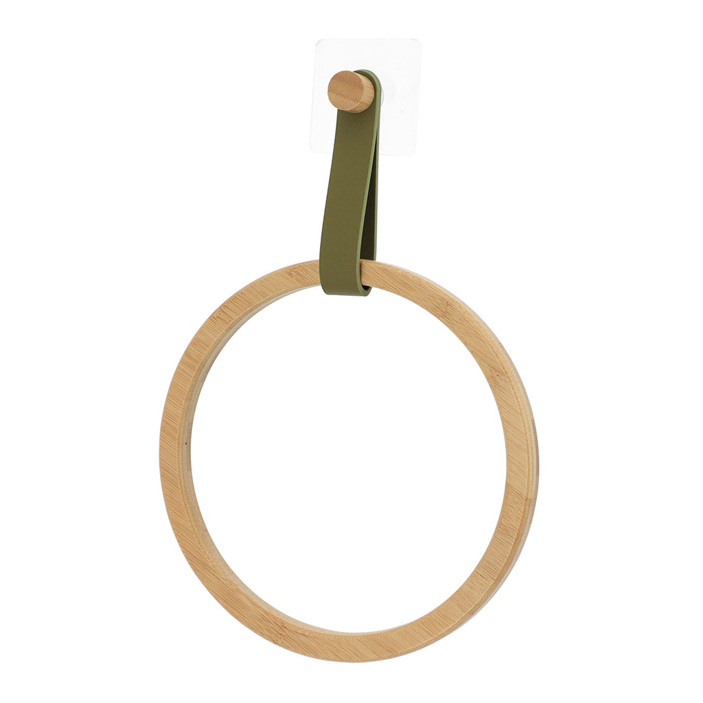 Porte serviette anneau bambou adhésif vert kaki EASY CHIC 21x29x4cm