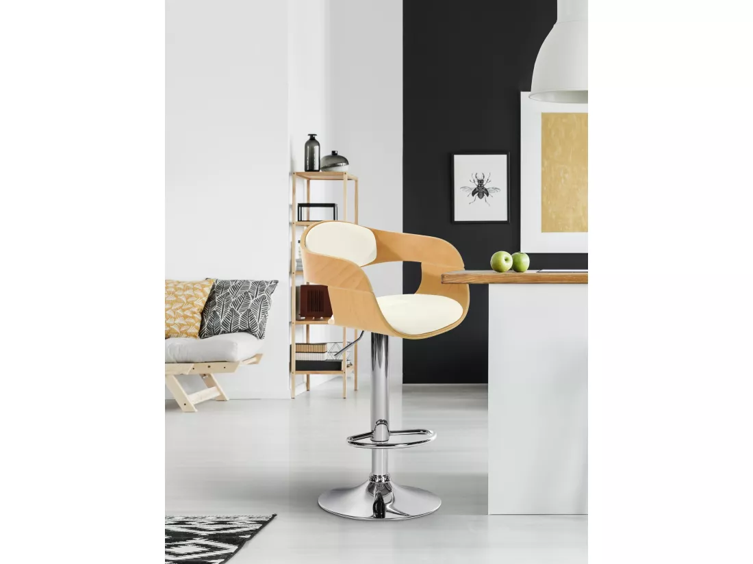 Tabouret de bar - Similicuir & Métal chromé - Nature / Blanc - Kingston