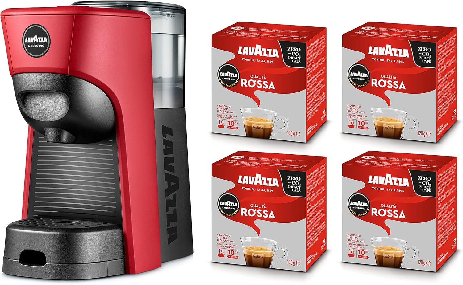 Lavazza, A Modo Mio Tiny Eco Rote Kaffeemaschine mit 64 Kapseln, Espressomaschine aus recyceltem Kunststoff, 1450 W, 220-240 V, 50/60 Hz, 0,6 Liter