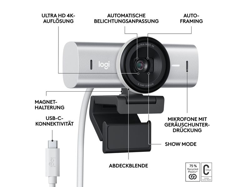 Logitech Webcam MX Brio 4K Pale Grey 4K-Webcam mit KI-gesteuerten Funktionen und erstklassiger Bildqualität