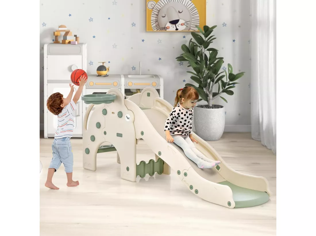 4 en 1 Toboggan Enfant en Forme Éléphant avec Panier de Basketball, en HDPE avec Ballon, Aire de Jeux pour Glisser & Grimper, Charge 50kg pour 18 Mois+ (Vert)