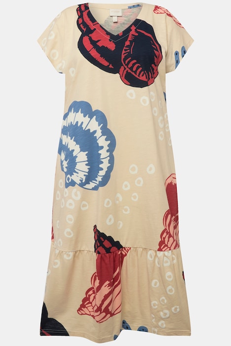 Midikleid, Ozeanmotive, V-Ausschnitt, Halbarm, Biobaumwolle