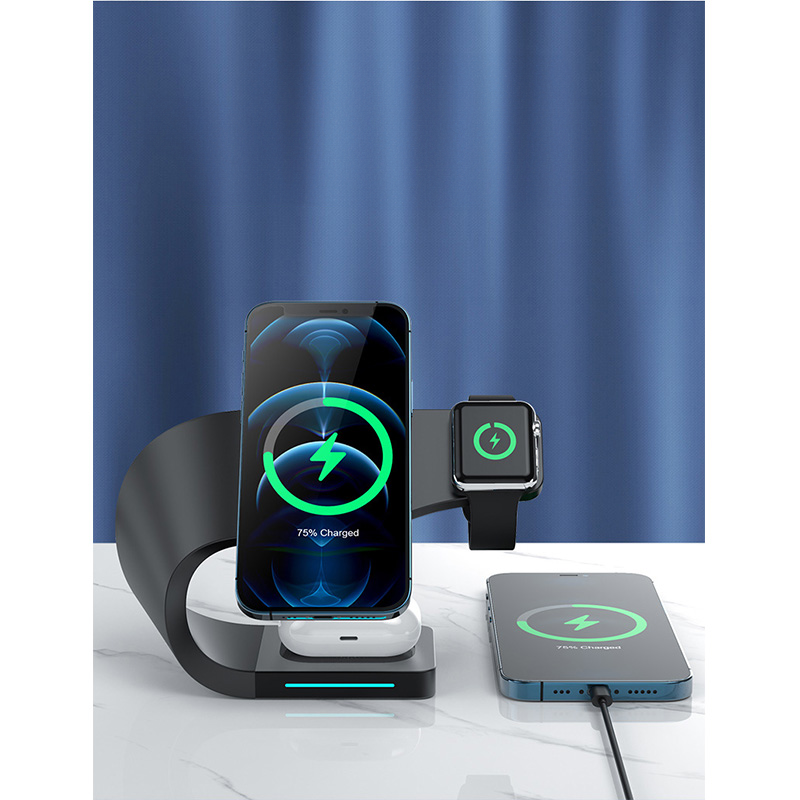 (15W) 4in1 Magnetischer Qi Wireless Charger für Apple Watch / Smartphone / AirPods Dockingstation mit LED Licht - Weiss