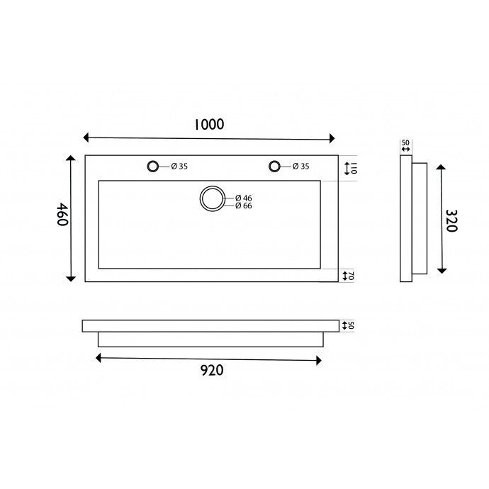Mueller Single flat hardstenen meubelwasbak 100x46cm met 2 kraangaten