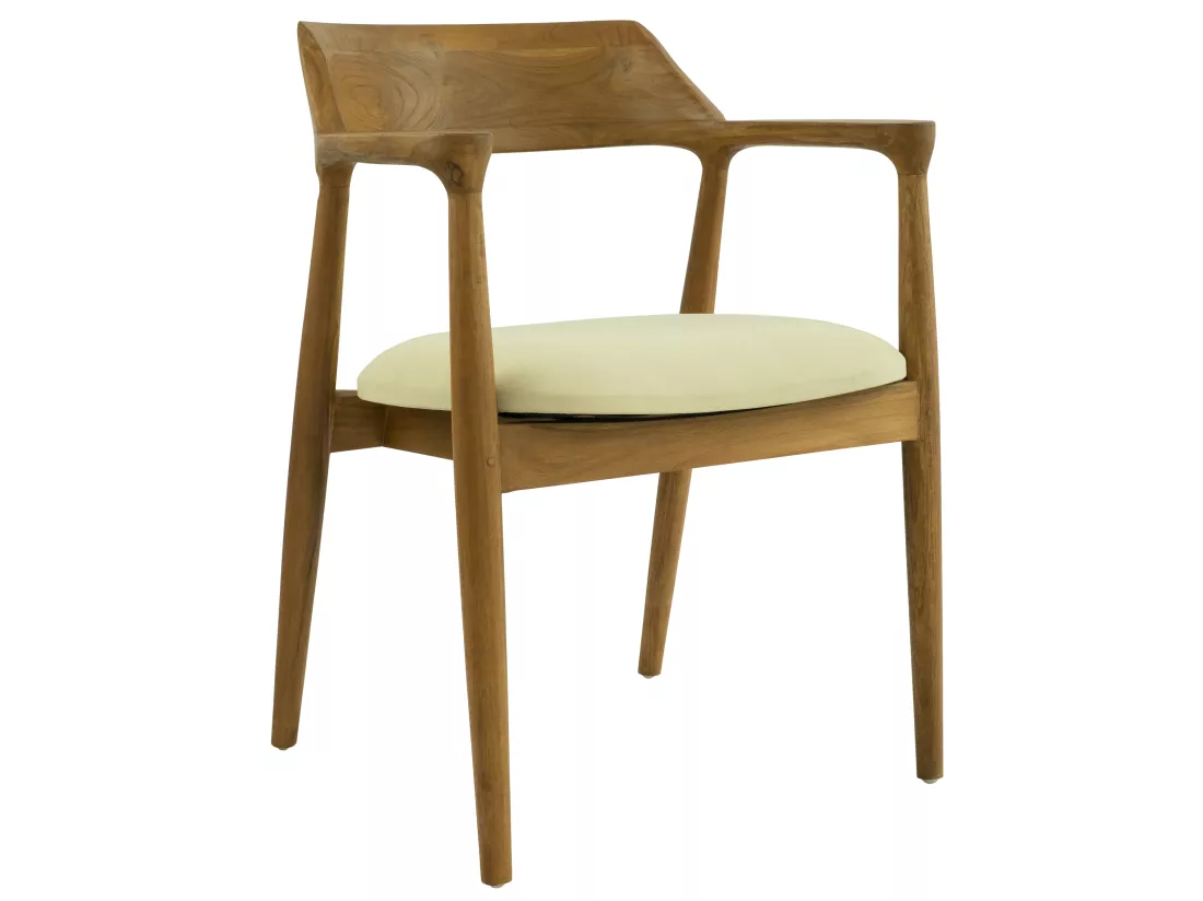 Lot de 2 chaises avec accoudoirs en teck et tissu - Naturel et crème - SOUADY
