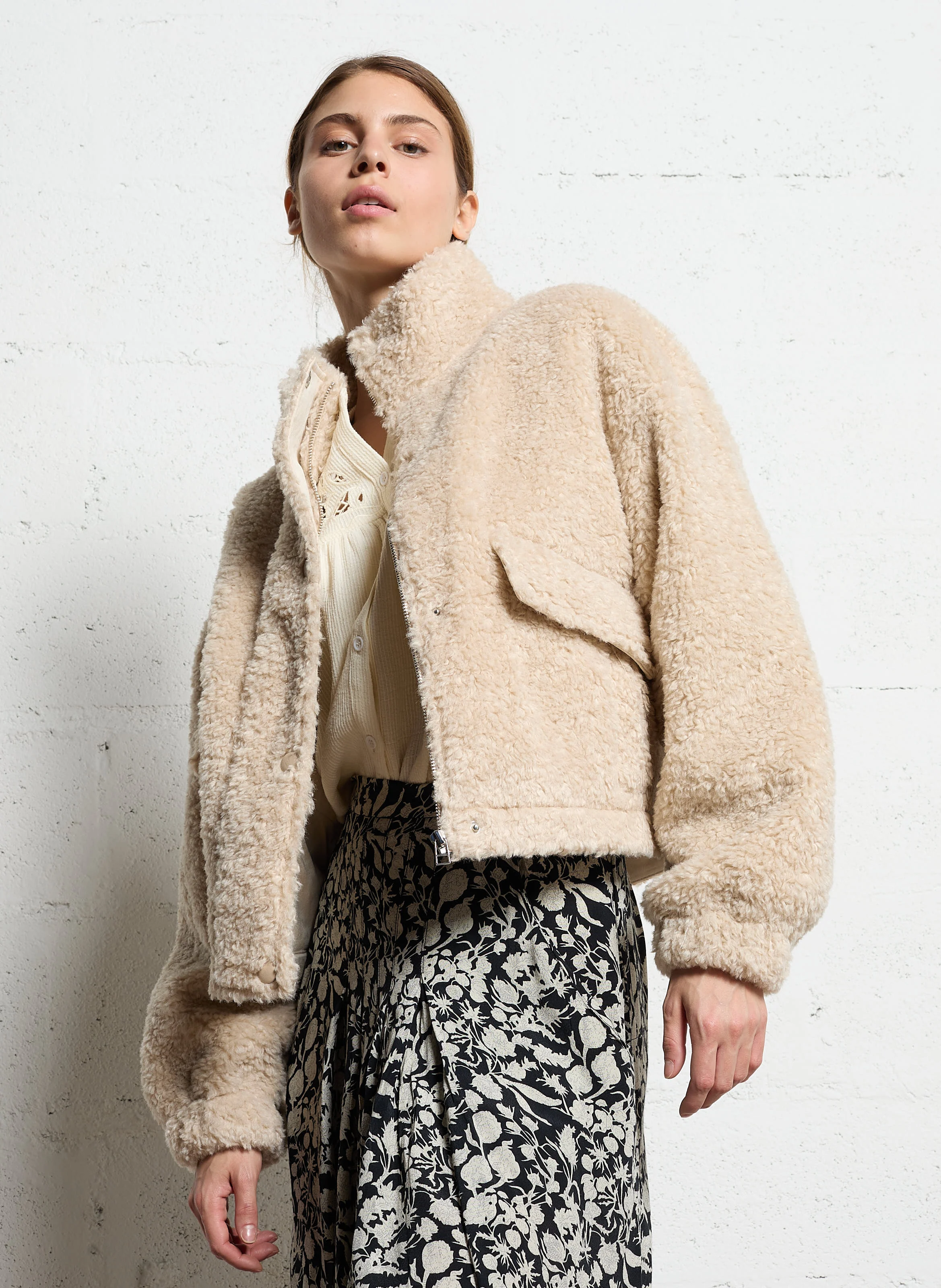 Veste col montant effet fourrure | Beige