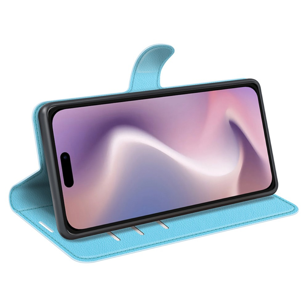 iPhone 16 Pro Max Leder Tasche Flip Cover Litchi Look - Blau