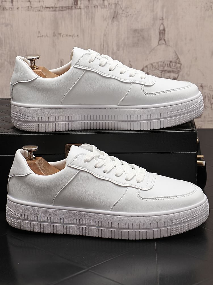 Mr Ozera - Platform Plain Lace-Up Faux Leather Sneakers