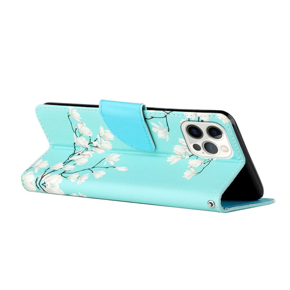 iPhone 13 Pro Leder Tasche mit Kartenfach   Handschlaufe Gardenia Blumen - Blau / Weiss