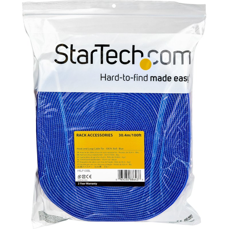 StarTech.com Ruban Auto Agrippant - Rouleau de 30,5 m pour Gestion de Câbles - Ruban Auto-Agrippant - Attaches Câble Ajustables - Sangles de Gestion de Câbles Auto-agrippantes et Réutilisables - Bleu